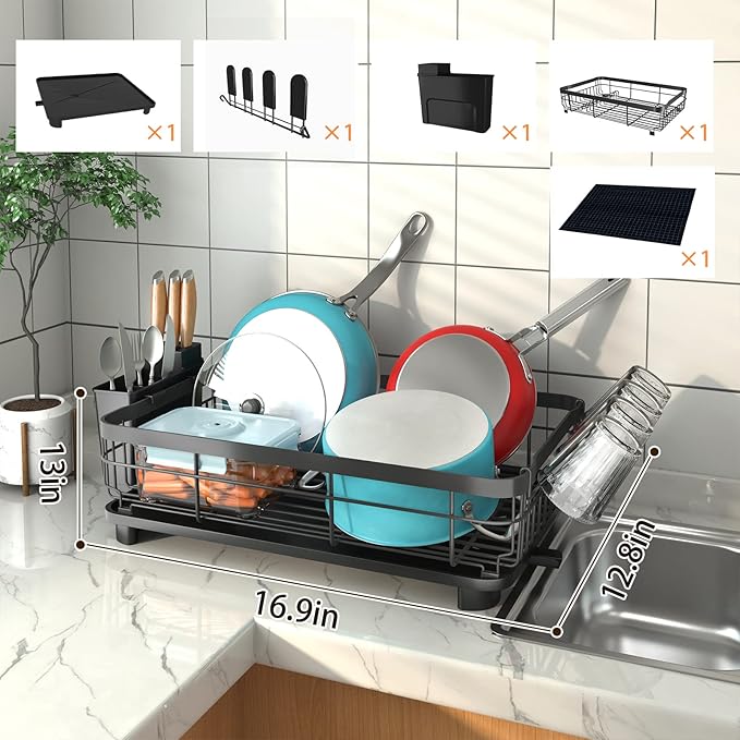 Godboat Dish Drying Rack, Dish Rack with Auto-Drain & Mat, Dish Drainers for Kitchen Counter, Glass Organizer for 4 Cups, 3 Slots Utensil Holder, Gifts for Women Mothers Day, Kitchen Gadgets & Decor-Ruum Studio Home