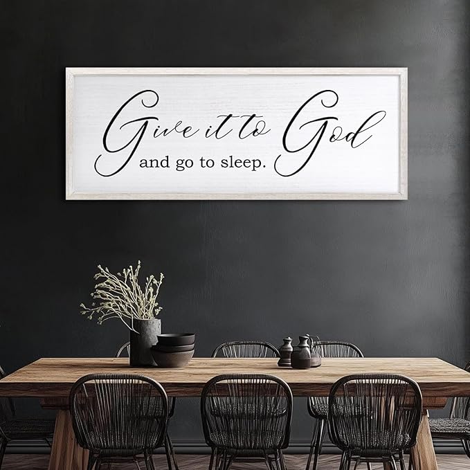 Give It To God And Go To Sleep Sign Wall Decor 40x15 Inch Large Farmhouse Master Bedroom Above Bed Hanging Wall Art Rustic Guest Room Wood Framed Over Bed Wall Decoration (White)-Ruum Studio Home