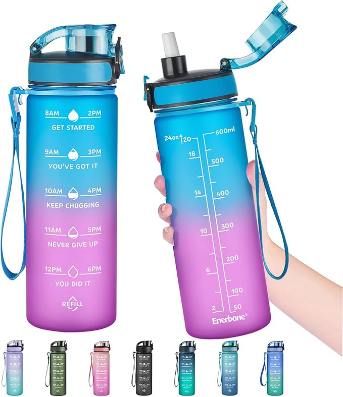 Enerbone Water Bottle, Leakproof BPA & Toxic Free, Motivational Water Bottle with Times to Drink and Straw, Fitness Sports Water Bottle with Strap for Office, Gym, Outdoor Sports-Ruum Studio Home
