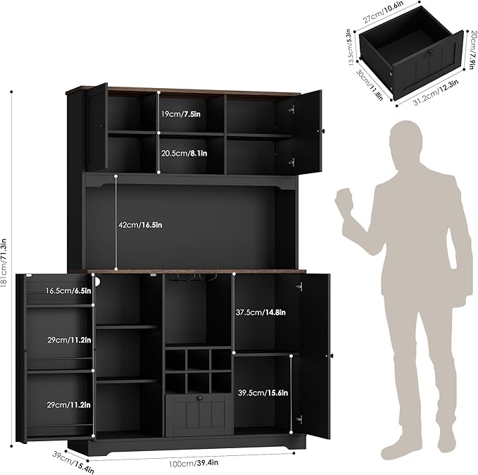 FINETONES 71" Pantry Cabinet with LED Light and Charging Station, Kitchen Pantry Cabinet with Microwave Stand, Kitchen Hutch Food Storage Cabinet with Outlet and Wine Racks, Black-Ruum Studio Home