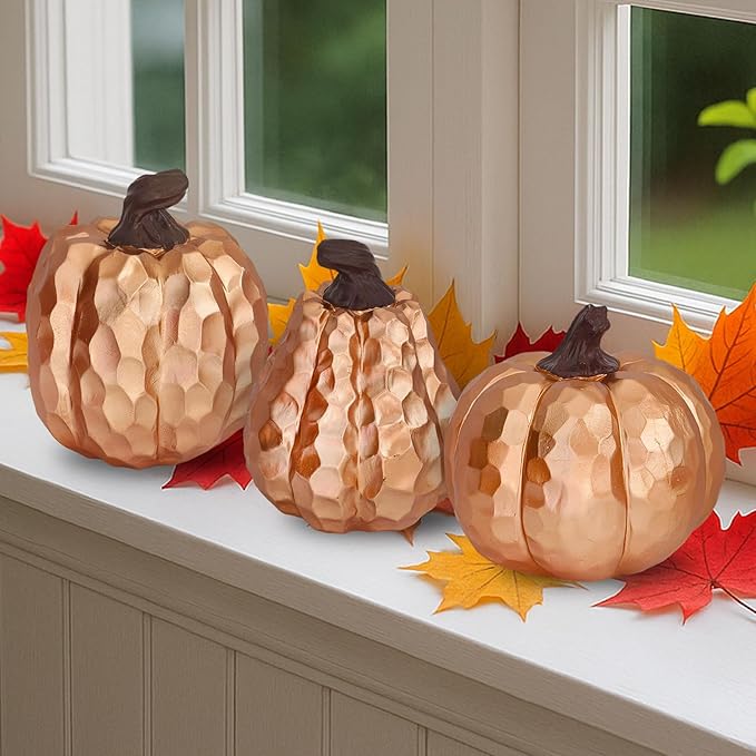Large Pumpkin Decor Set of 3, Resin Pumpkins Thanksgiving Table Decor,5.9 Inch Faux Pumpkins Suitable for Fall Home Decor,Fall Table Decorations,Fall Mantel Decor (Gold)-Ruum Studio Home