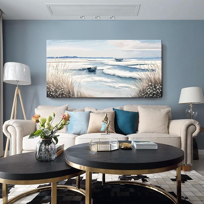 amatop Extra Large Wall Art for Living Room –Big Coastal Beach Minimalist Canvas Artwork with Sailboat Ocean Waves and Reeds Nautical Seascape Picture for Bedroom Decor Blue58x29 Inch-Ruum Studio Home