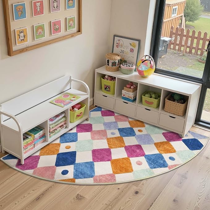 jinchan Kids Rug for Nursery 5ft Radius Corner Washable Area Rug Modern Colorful Quarter Circle Rug Soft Non-Slip Carpet for Bedroom Playroom Daycare Reading Nook Kitchen Classroom Berries on Cream-Ruum Studio Home