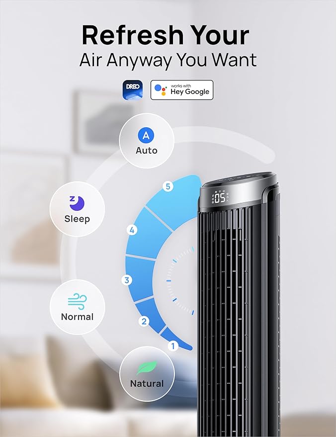 Dreo Smart Tower Fan for Bedroom, 90° Oscillating 40" Standing Fan, 26ft/s High-Speed 5 Speeds 4 Modes, Quiet Room Floor Fans, Touch/Remote/APP & Voice Control, Work with Alexa, 12H Timer, Silver-Ruum Studio Home