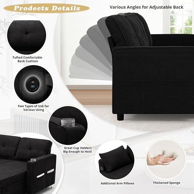110 Inches Chenille Sectional Sofa w/Pull Out Sofa Bed & Adjustable Back, Tufted U Shaped Couch w/Two Storage Chaises, Sleeper Sectional Sofa w/USB Port & Cup Holders for Living Room, Black-Ruum Studio Home
