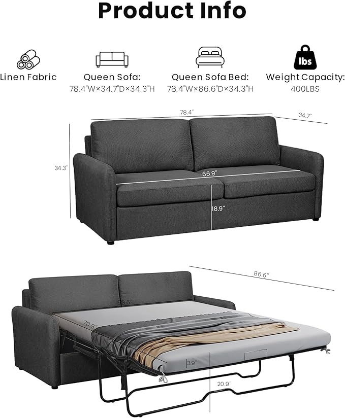 Queen Size Pull Out Sofa Bed, Convertible Sleeper Sofa Couch with Pullout Bed, 2 in 1 Sofa Bed Couch with Memory Foam Mattress for Living Room Office, Space-Saving, Dark Grey-Ruum Studio Home