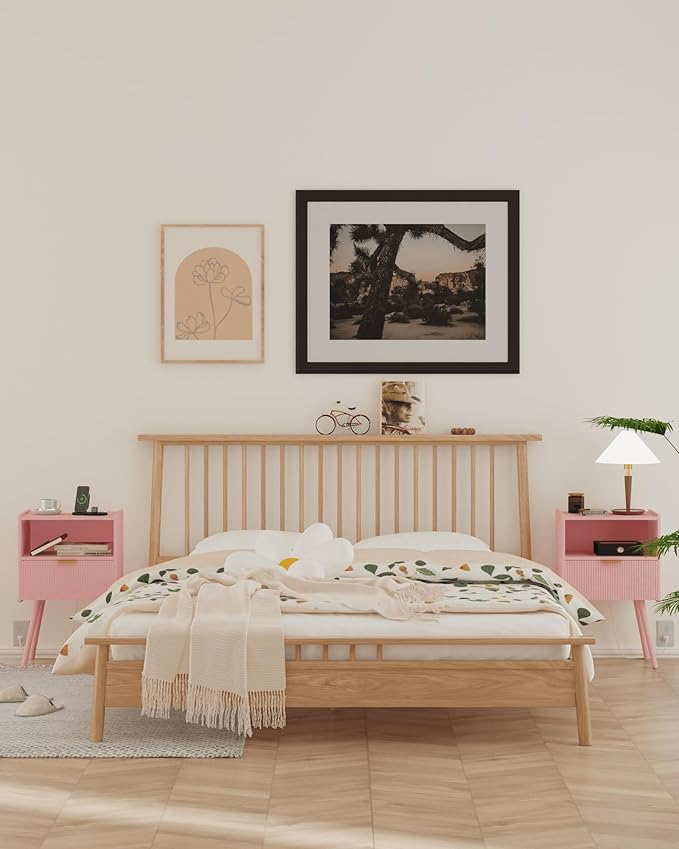 Nightstand,Modern Bedside Table with Storage Drawer and Open Wood Shelf, Accent Night Stand with Solid Wood Legs for Living Room, Bedroom and Small Spaces,Easy Assembly (Pink-Outlet)-Ruum Studio Home