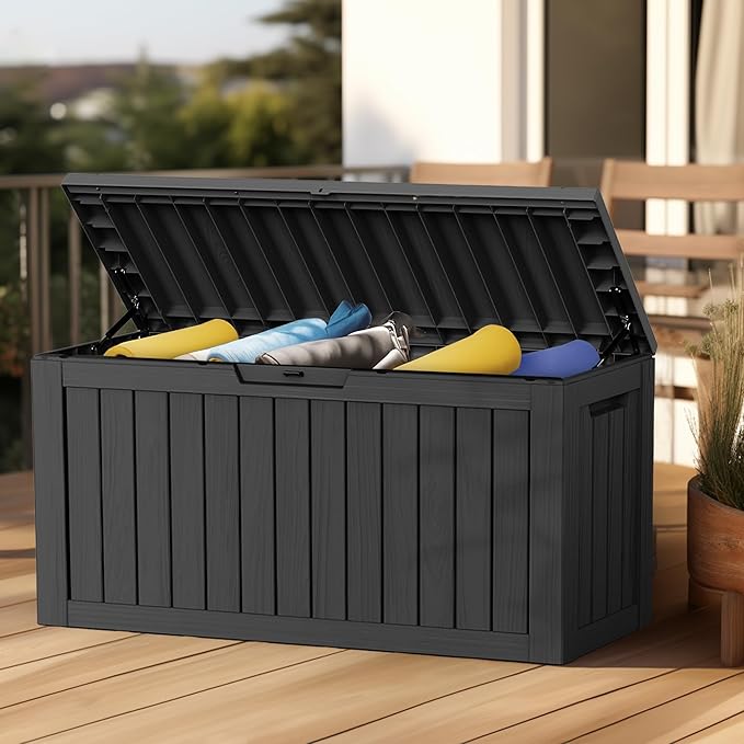 Vixzen 85 Gallon Resin Deck Box, Lockable Outdoor Storage Box for Patio Cushions Storage Furniture,Garden Tools, Pool Supplies, Weatherproof and UV Resistant-Ruum Studio Home