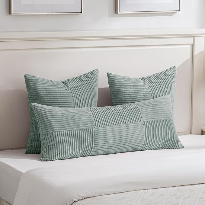 Fancy Homi 2 Packs Grey Blue Euro Decorative Throw Pillow Covers 24x24 Inch for Couch Bed Sofa, Rustic Farmhouse Boho Home Decor, Soft Corss Corduroy Patchwork Accent Big Square Cushion Case 60x60 cm-Ruum Studio Home