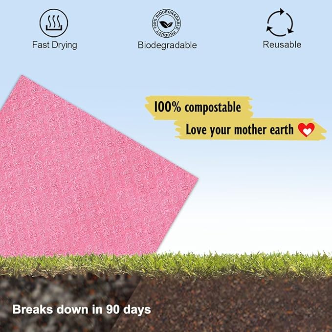 Swedish Dishcloths for Kitchen | 6 Pack Absorbent Cellulose Sponge Cloths Washable | Non-Scratch Reusable Paper Towels Quick Drying Cleaning Cloths - Pink-Ruum Studio Home