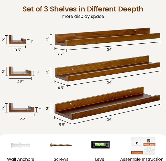 Picture Ledge Wall Shelves 24 inches Width Set of 3, Solid Pine Wood Rustic Floating Ledge Shelves for Wall for Kids' Room Bedroom Kitchen Bathroom Living Room Nursery Display Wall Decor, Walnut-Ruum Studio Home