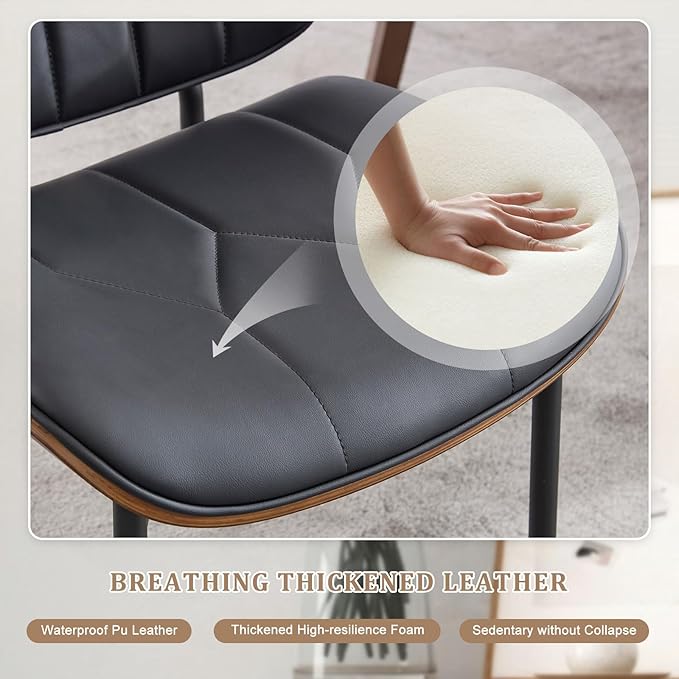 BV Mid Century Modern Dining Chairs Set of 4, Upholstered Pu Leather Armless Accent Chair with Walnut Bentwood Back, Retro Kitchen Chair for Dining Room, Living Room, Kitchen, Black-Ruum Studio Home