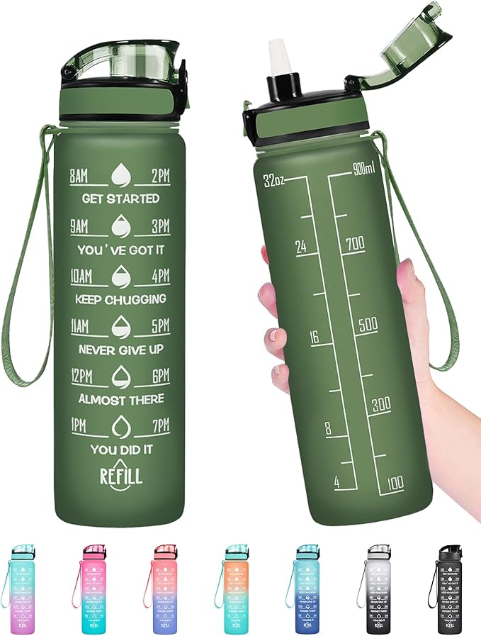 Enerbone Water Bottle, Leakproof BPA & Toxic Free, Motivational Water Bottle with Times to Drink and Straw, Fitness Sports Water Bottle with Strap for Office, Gym, Outdoor Sports-Ruum Studio Home