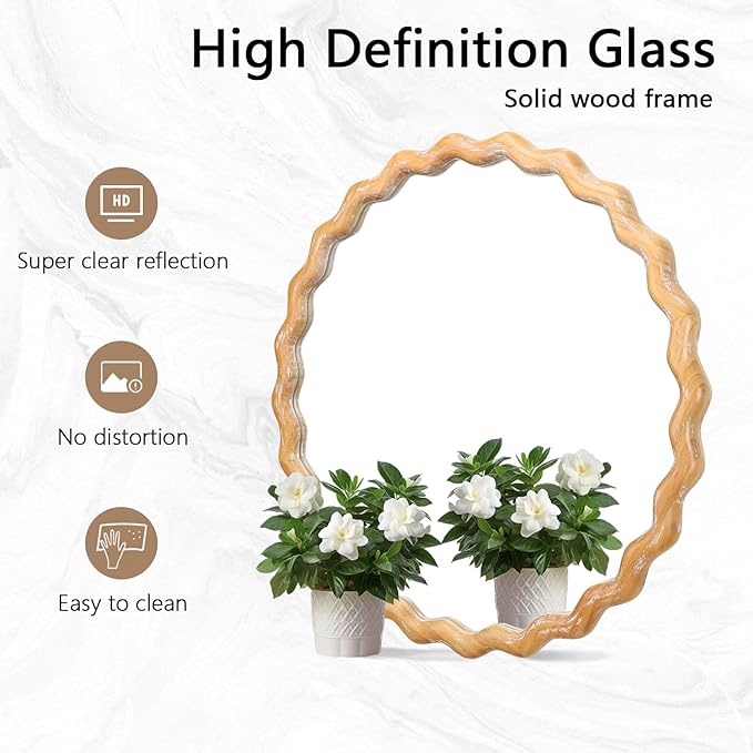 Wavy Mirror 27.5x27.5 Inch, Decorative Bathroom Mirror with Natural Wood Frame, Entry Way Mirrors for Wall, Shatterproof Glass, Mirrors for Wall Decor-Ruum Studio Home