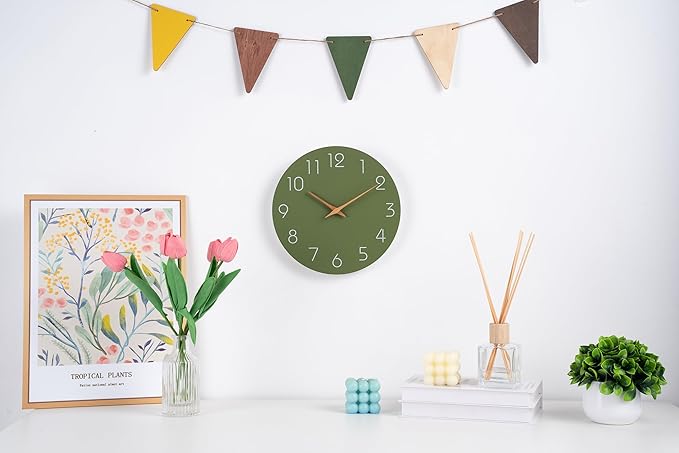 Mosewa Modern Wall Clock Silent Non Ticking 12 Inch Olive Green Battery Operated Simple Minimalist for Living Room Office Bedrooms Kitchen Home Decor-Ruum Studio Home