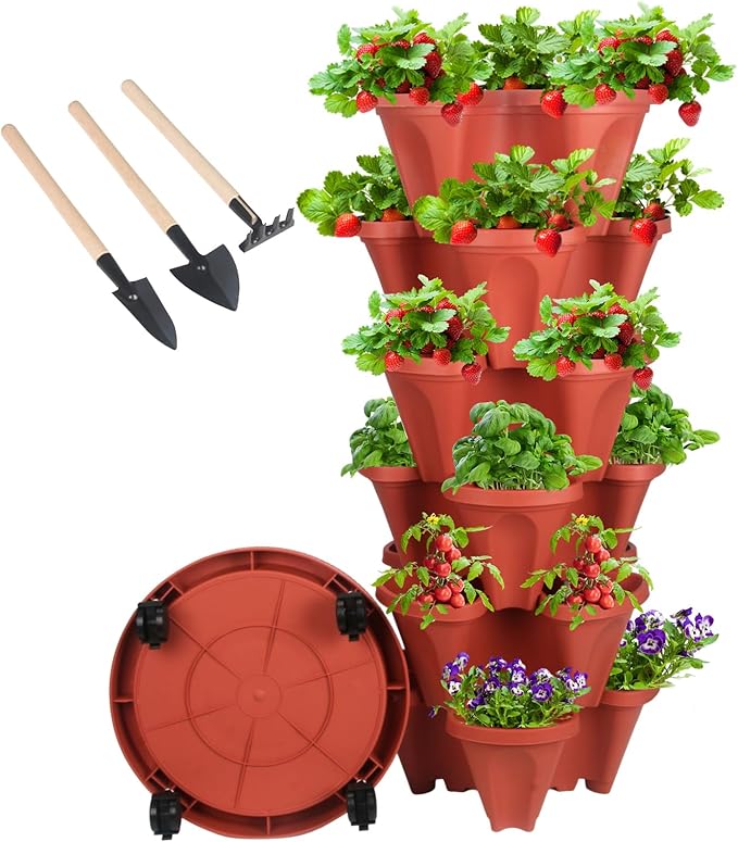 Vertical Planter 6 Tier Stackable Planters Garden Planters Strawberry Herb Flower and Vegetable Planter Indoor Outdoor Gardening Pots with Removable Wheels and Tools-Ruum Studio Home