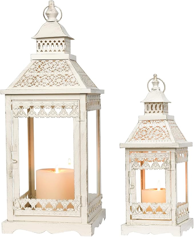 NEEDOMO Lanterns Decorative Outdoor & Indoor, Set of 2 Outdoor Lanterns for Porch,Large Square Candle Lantern, Beige Metal Frame with Glass for Fall, Christmas-Ruum Studio Home