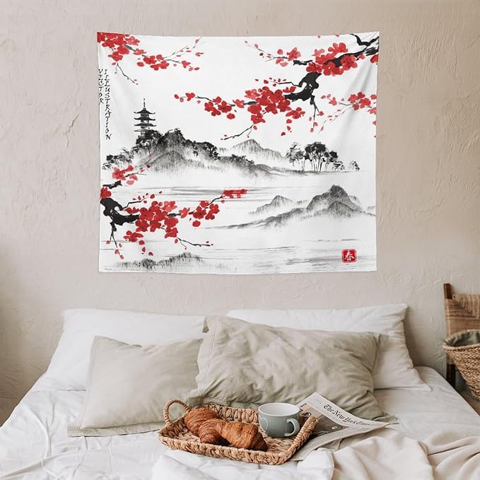 Cherry Blossoms Tapestry, Japanese Fuji Mountain Tapestry, Asian Japanese Wall Tapestry, Nature Landscape Tapestries for Bedroom Living Room Decor 60"x50"-Ruum Studio Home