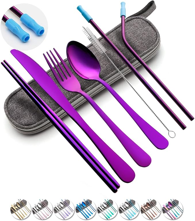 Travel Utensils Set with Case Reusable Portable Cutlery Set Stainless Steel 8pcs Including Dinner Knife Fork Spoon Chopsticks straws (Purple)-Ruum Studio Home