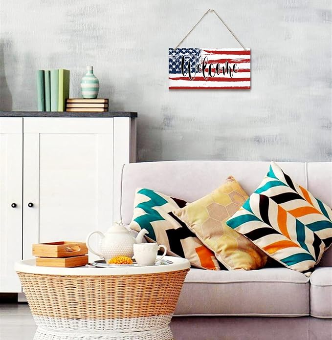 Welcome Decor Sign, Hanging Wood Sign Home Decorative, Printed Wood Wall Art Sign, American Flag Welcome Sign, Patriotic Home Decor, Front Door Decor Sign, Farmhouse Porch Wall Art Sign 12 * 6inch-Ruum Studio Home