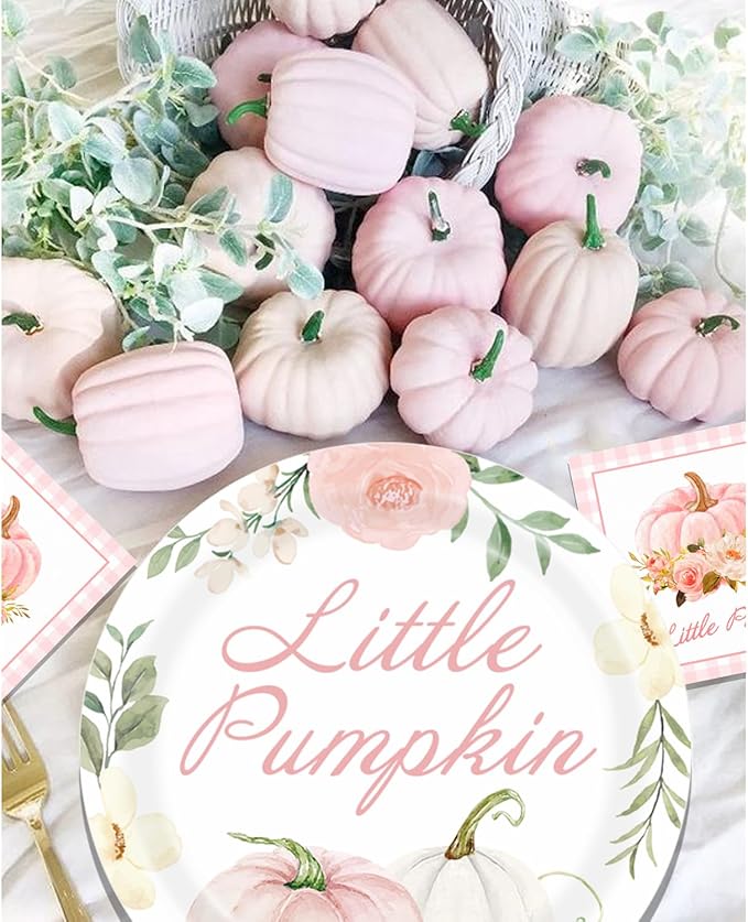 Aukolass Pumpkin Party Supplies Tableware Set - Fall Theme Party Decorations Including Plates, Napkins and Cups for Pumpkin Birthday and Baby Shower Party, Serves 24 Guests (pink)-Ruum Studio Home