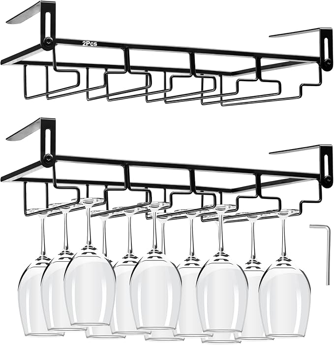 AUHOKY 2Pcs Adjustable Under Cabinet Stemware Metal Glass Holder, Hanging Wine Glass Storage Hanger Organizer for Shelf Kitchen Bar Decor(4 Rows, Black)-Ruum Studio Home