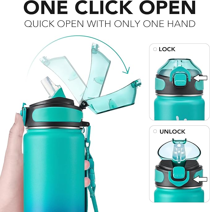 Enerbone 24 oz Insulated Water Bottle, Stainless Steel Bottle with Carrying Strap, Double-Wall Vacuum Insulation Design, Leakproof Sports Bottle with Straw, Keep Drinks Cold or Hot for Hours-Ruum Studio Home