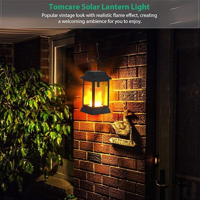 TomCare Solar Lights Metal Flickering Flame Solar Lantern Outdoor Hanging Lanterns Decorative Lighting Heavy Duty Solar Powered Waterproof Umbrella Lighting for Garden Yard Patio Deck, 2 Pack（Black）-Ruum Studio Home