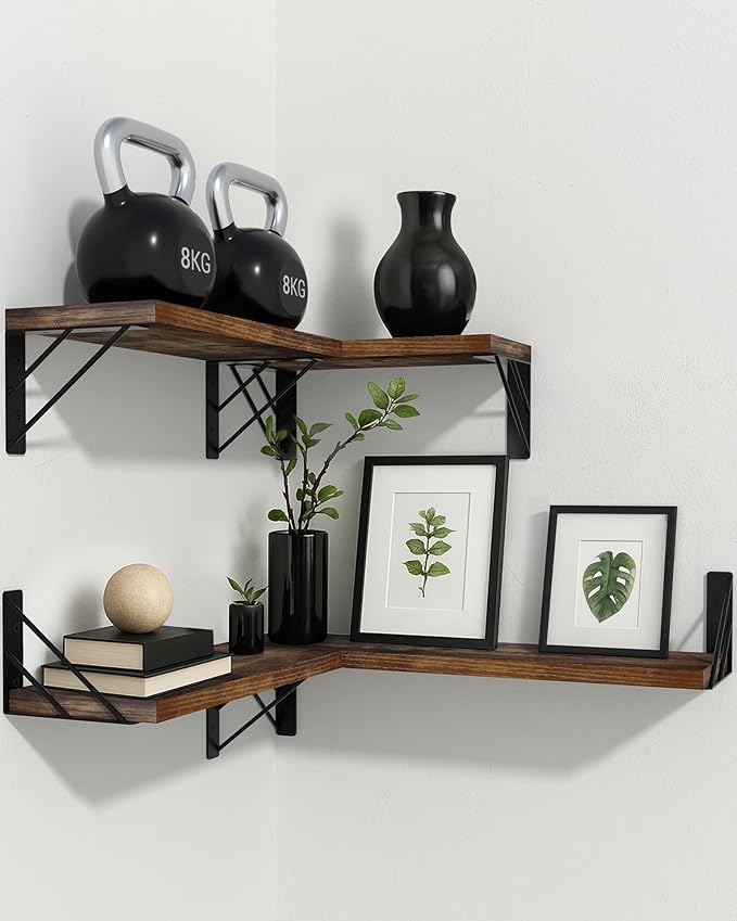 BAYKA Wall Shelves for Bedroom Decor, Floating Wall Shelves for Living Room Kitchen Storage, Wall Mounted Rustic Wood Floating Shelves for Kids Books, Corner Shelf for Bathroom(Rustic Brown，Set of 4)-Ruum Studio Home