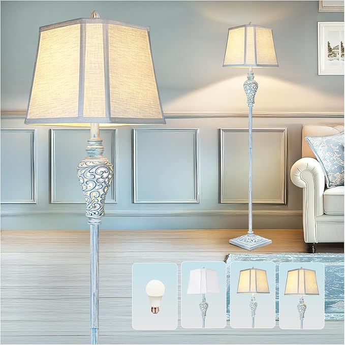 Vintage Floor Lamp with Nightlight, 65" Retro Standing Lamp with White Linen Shade, Washed Blue Finish Farmhouse Style Design Tall Lamp Decor for Living Room Bedroom Study Home Corner (Bulb Included)-Ruum Studio Home