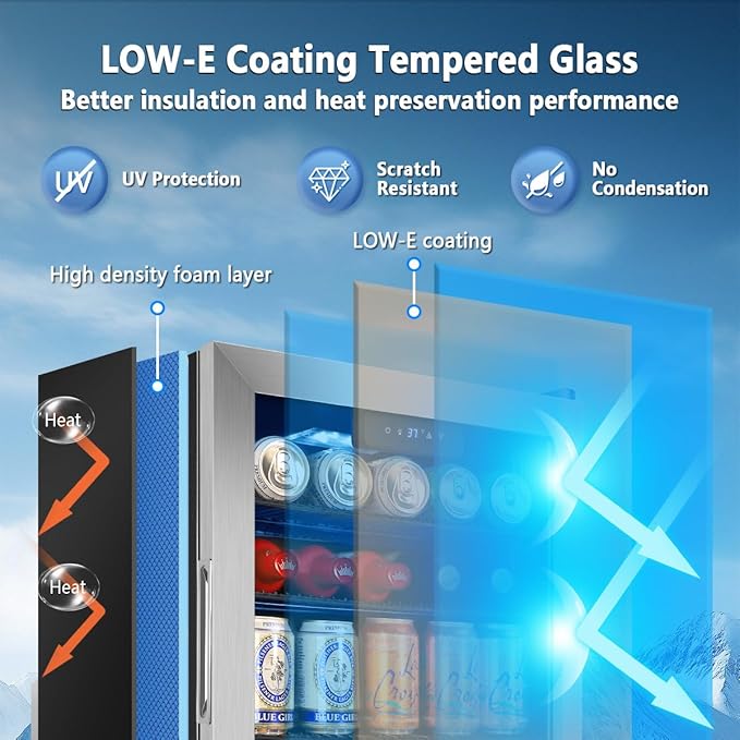 Tylza 130 Can Beverage Refrigerator Cooler, 3.22 Cu.Ft Beverage Cooler with Low-E Glass Door, Safety Lock, Beverage Fridge for Soda, Beer, Wine, Mini Fridge for Home, Office, Bar, Bedroom, Silver-Ruum Studio Home