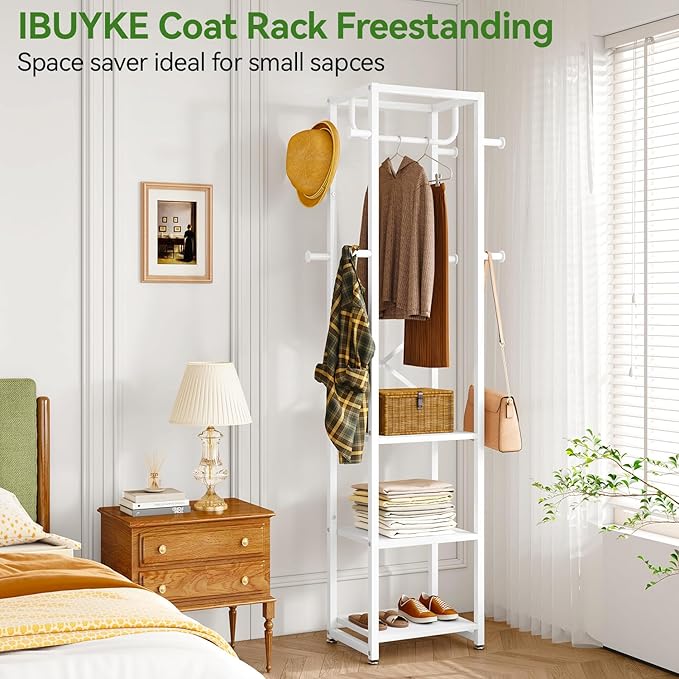 IBUYKE Coat Rack with Shelves, Freestanding Hall Tree with 3 Shelves and 8 Hooks, Industrial Clothes Stand for Entryway, Hallway, Bedroom, White UTMJ088W-Ruum Studio Home