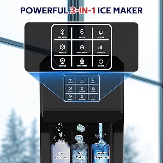 3 in 1 Water Dispenser with Ice Maker, Ice Maker Countertop, Bullet Ice, Crushed Ice, Water Cooler, 44Lbs/24H, 12 Ice/6Min, Self-Cleaning, 4Lbs Ice Storage, Home/Kitchen/Party/RV (Touchscreen)-Ruum Studio Home