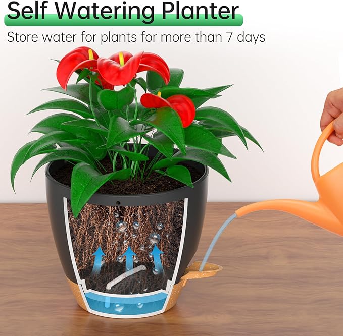 ZMTECH 10 Inch Hanging Planters for Indoor Outdoor Plants, 2 Pack Self Watering Hanging Plant Pots with Drainage Holes and Removable Saucer, Plastic Flower Hanging Pots with Watering Lip (Black)-Ruum Studio Home