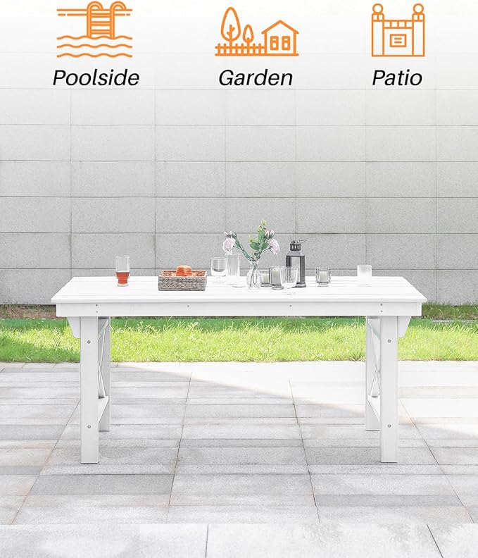 HDPE Outdoor Dining Table, 66.9” Rectangle Patio Dining Table for 6, All-Weather HDPE Outdoor Table with 2.2” Umbrella Hole, HDPE Patio Furniture for Deck, Backyard, Garden, Pool, Pearl-Ruum Studio Home