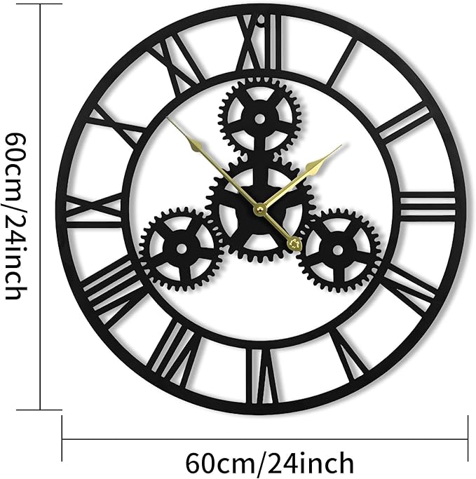 24inches/60cm Wall Clocks for Living Room Deco Non Ticking Silent Battery Operated Metal Modern Vintage Roman Numeral Oversized Gear Wall Clocks for Bedroom Kitchen Fireplace Office Farmhouse-Ruum Studio Home