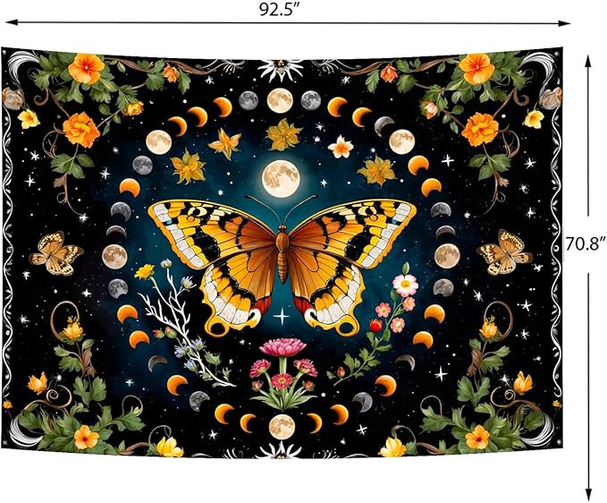 Delur Butterfly Moon Flower Tapestry Botanical Floral Plant Boho Tapestry Wall Hanging Mandala Aesthetic Mushroom Retro Vintage Headboard for Bedroom Living Room Home Decor (70.8" x 92.5")-Ruum Studio Home