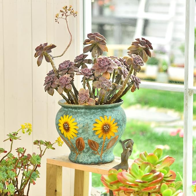 Sungmor Ceramic Hand Painted Succulent Flower Pots, 9 Inch Large Pottery Pots for Indoor Outdoor Plants, Decorative Ceramic Vase for Flower Arrangement Home Decor, Vintage Centerpieces Flowerpot-Ruum Studio Home