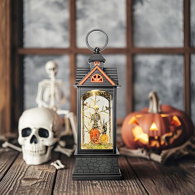 Halloween Snow Globe Lantern, Spooky Ghost Halloween Decor, Plug-in & Battery Operated Snow Globes for Halloween Decorations Indoor-Ruum Studio Home