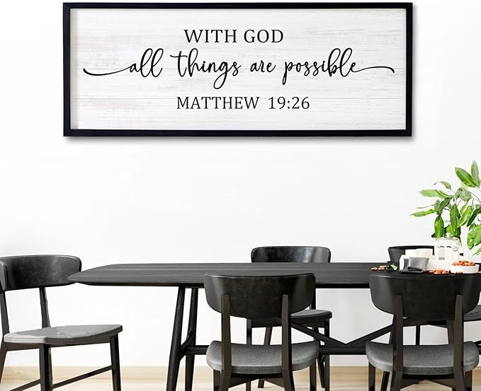 With God All Things are Possible Framed Wall Art, 40''×15'' Positive Holy Religious Rustic Bible Verse for Christian God Jesus Christ Prayer, Vintage Horizontal Inspirational Catholic Scripture Decor-Ruum Studio Home
