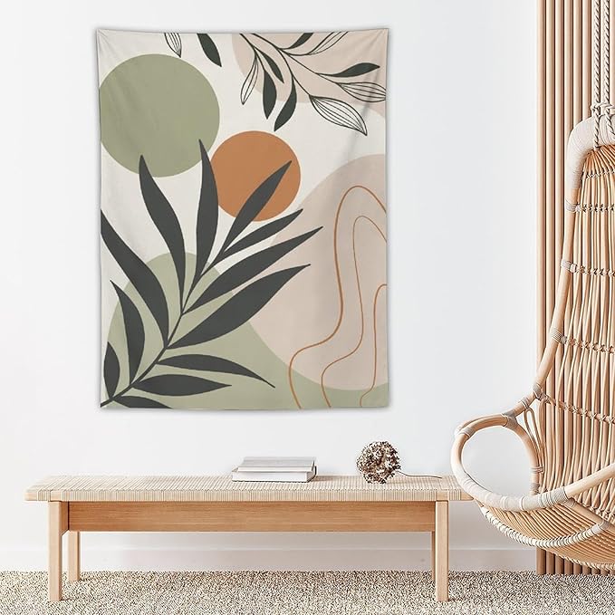 Abstract Bohemian Mid Century Tapestry, Tropical Leaves Modern Geometric Archway Minimalist Bohemian Botanical Aesthetic Wall Hanging, Sage Green Gold Home Decor Art for Bedroom 50x60 Inch-Ruum Studio Home