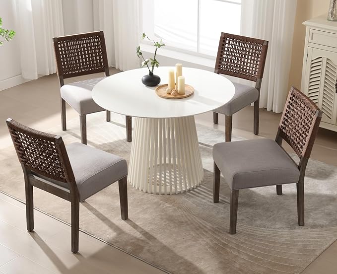 Kmax Farmhouse Dining Chairs Set of 4, Rustic Kitchen Chairs with Linen Fabric Seat and Woven Back, Vintage Accent Chairs for Dining Room, Living Room, Grey-Ruum Studio Home