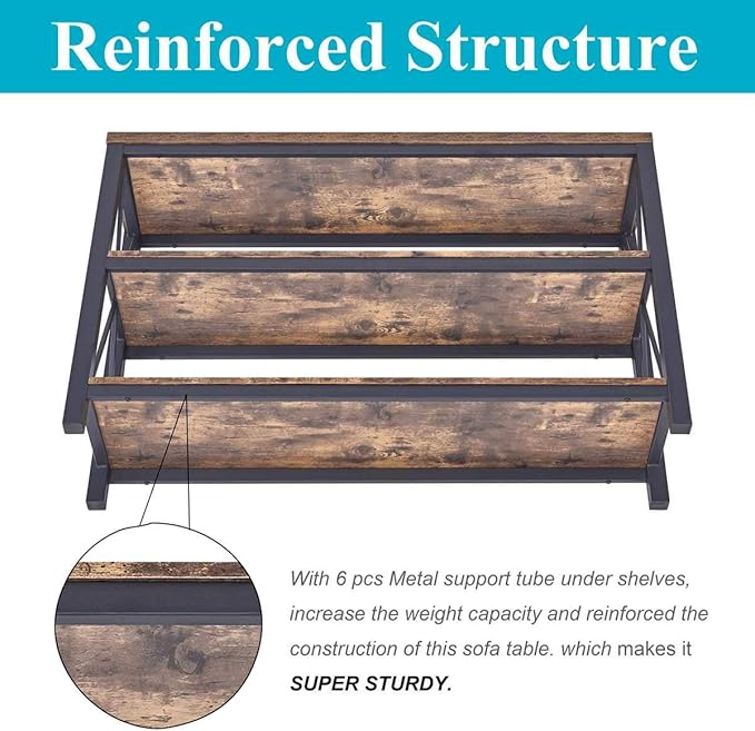 BON AUGURE Industrial Sofa Console Table for Entryway, 3 Tier Foyer Table for Hallway, Rustic Hall Tables Behind Couch (47 Inch, Rustic Brown)-Ruum Studio Home