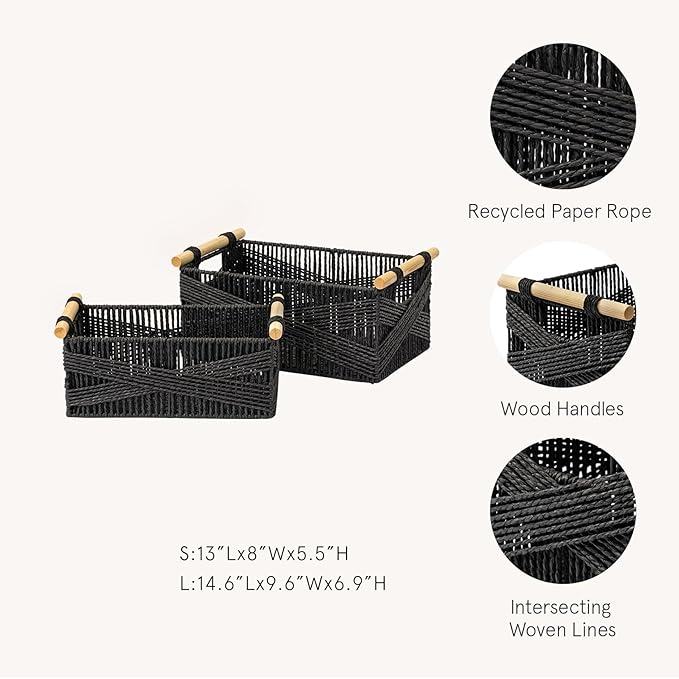 LA JOLIE MUSE Wicker Storage Baskets for Organizing, Recyclable Paper Rope Basket with Wood Handles, Decorative Hand Woven Basket Organizers for Makeup Books Shelves Living Room, Black, Set of 2-Ruum Studio Home