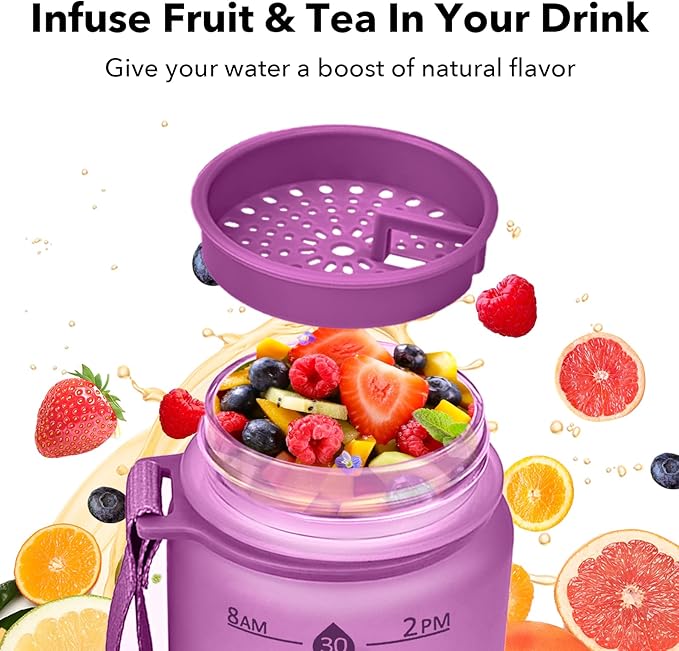 32oz Motivational Water Bottles with Time Marker & Fruit Strainer, Transparent Gradient Color Water Bottle with Times to Drink, Leakproof & BPA Free, Reusable Bottle with Strap (No Straw)-Ruum Studio Home