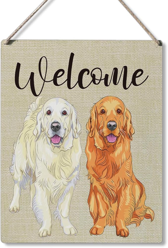 Qious Welcome Sign Gift Farmhouse Welcome Golden Retriever Wooden Hanging Sign Plaque Modern Wall Art Decor for Home Decoration 10 x 8 Inches-Ruum Studio Home