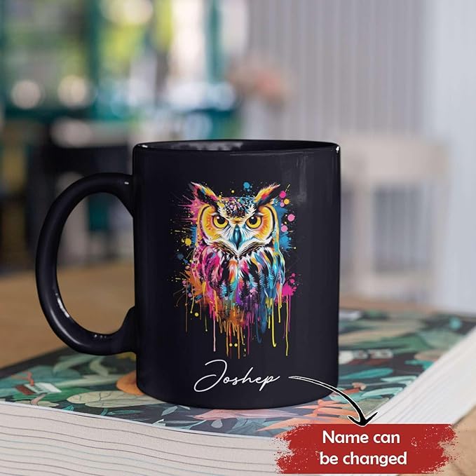 Personalized Name Owl Animal Coffee Mug, Custom Owl Black Cup, Gift For Men Women, Unique Colorful Owl Mug, Animal Cup For Owl Lovers, Customized Owl Ceramic Mug 11oz 15oz, Owl Cup-Ruum Studio Home