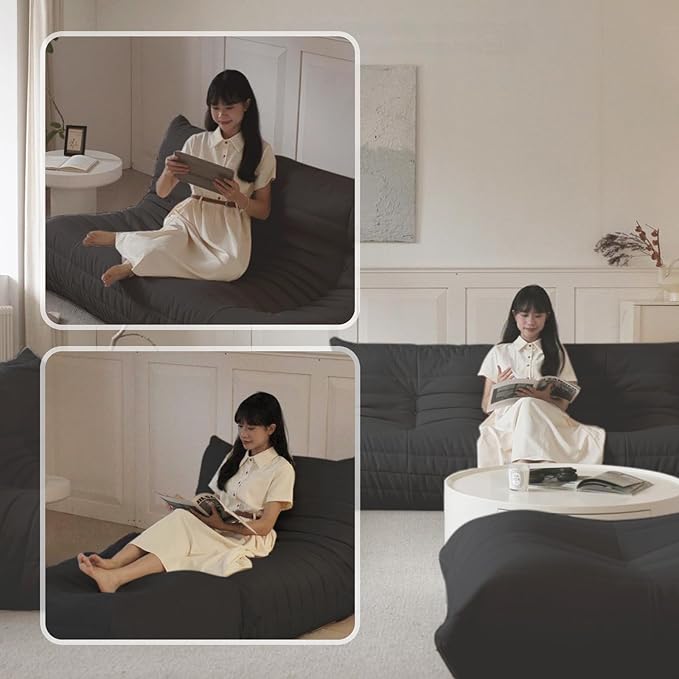 Luxury Sofa Couch Chair, Lazy Floor Seating, Fireside Bean Bag Chair, Ergonomic Tatami Sofa Lounger for Living Room, Bedroom, Office, 3 Seat, Black-Ruum Studio Home