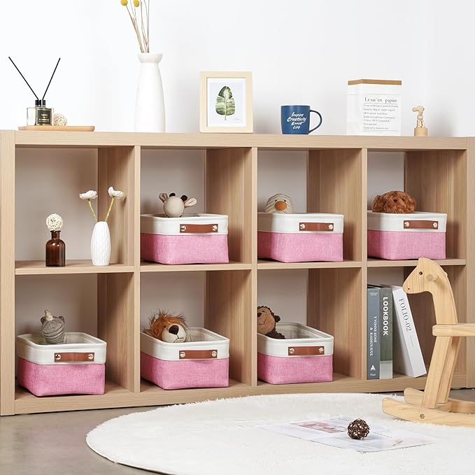 DULLEMELO Small Storage Baskets 6 Pack, Fabric Collapsible Gift Storage Baskets for Shelves, Closets, Nursery, Home, Office Organizing,Small Canvas Linen Rectangular Storage Bins (6-Pack, White&Pink)-Ruum Studio Home