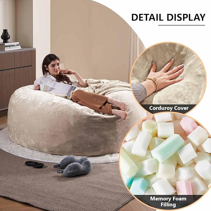 6FT,Oversized Bean Bag Chairs for Adults,Giant beanbag with Filler Included，Fluffy Memory Foam,Soft and Comfy Corduroy Fabric,Gaming Chairs Suitable for Living Room and Bedroom (Apricot, 6 Foot)-Ruum Studio Home
